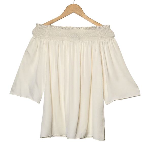 Theory Silk Off The Shoulder Smocked 3/4 Sleeve White Ivory Blouse Size M - Picture 13 of 13